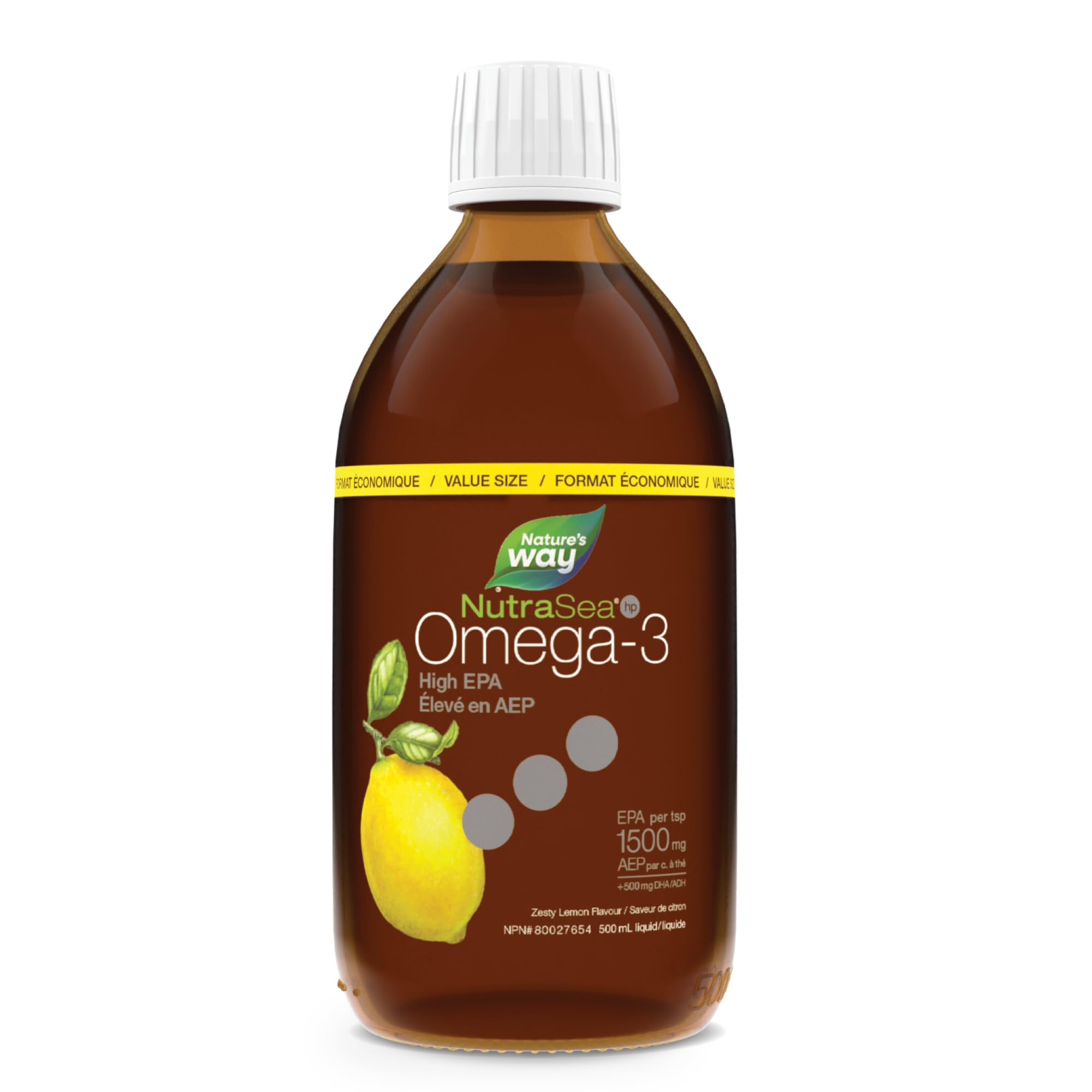 Nature's Way NutraSea HP Omega 3 High EPA Fish Oil Liquid Supplement for Adults and Kids Ages 1+ – Zesty Lemon Flavour – Heart & Brain Support – 1500mg EPA, 500 mL Value Size 🍁 All In One Marketplace Canada