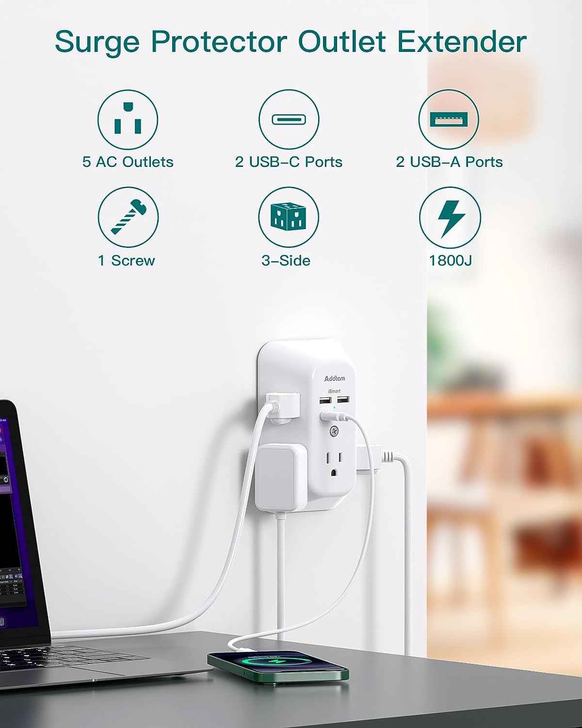Power Bar, USB Wall Charger Surge Protector 5 Outlet Extender with 4 USB Charging Ports (2 USB C), Multi Plug Outlet, 3-Sided 1800J Power Strip Outlets Splitter Wall Plug Adapter for Home Office Dorm 🍁 All In One Marketplace Canada