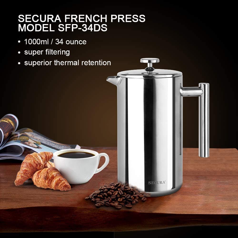 Secura French Press Coffee Maker, 304 Grade Stainless Steel Insulated Coffee Press with 2 Extra Screens, 34oz (1 Litre), Silver 🍁 All In One Marketplace Canada