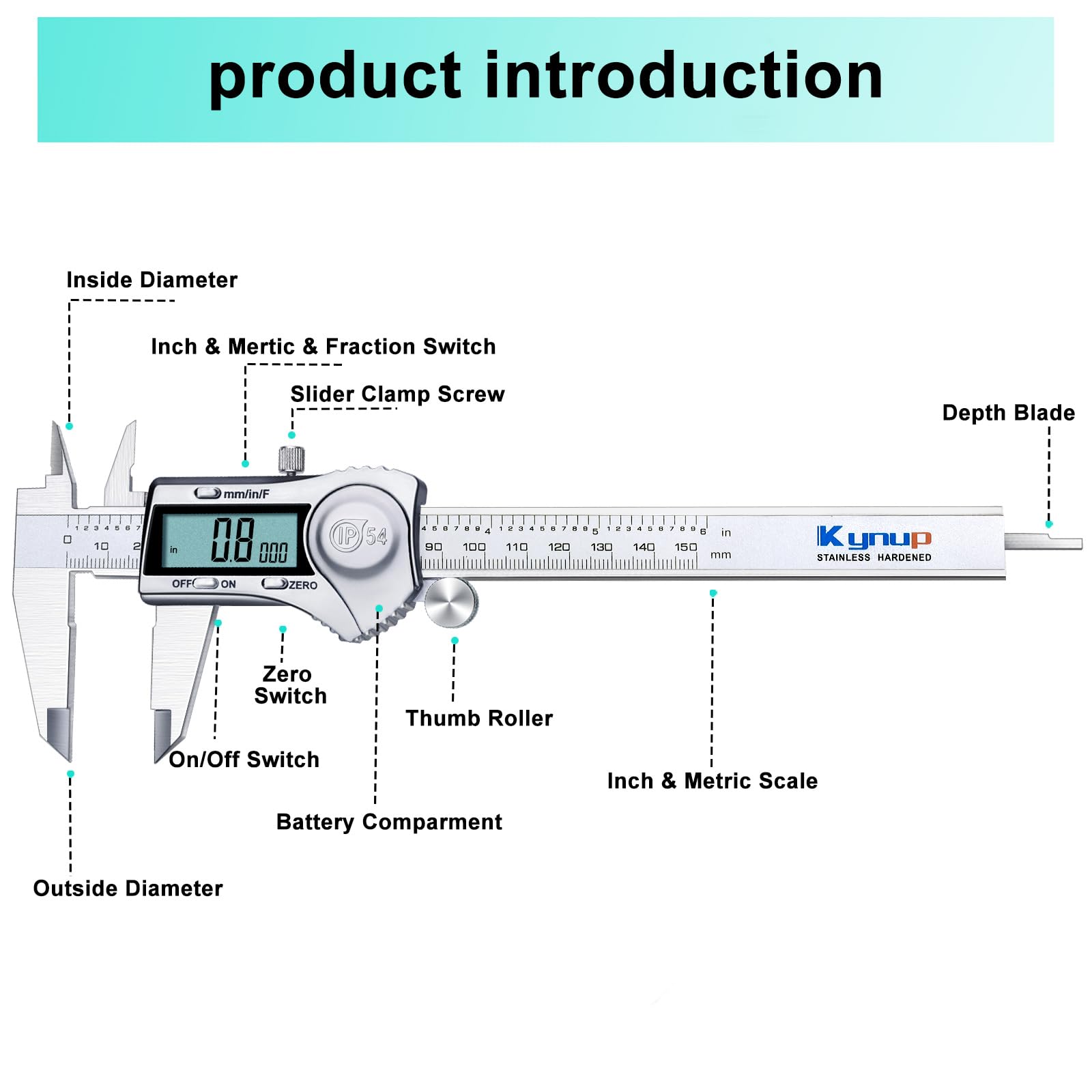 Kynup Digital Caliper, Calipers 6 Inch Measuring Tool with Stainless Steel, IP54 Splash Proof Protection Design, Easy Switch from Inch Metric Fraction, Large LCD Screen (150mm) 🍁 All In One Marketplace Canada