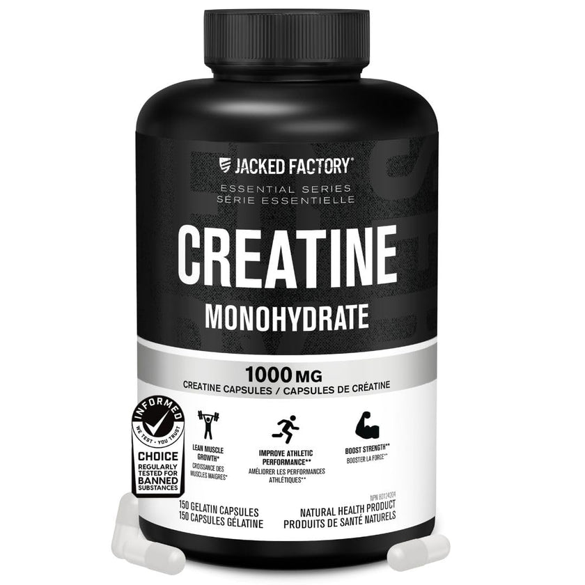 Jacked Factory Creatine Monohydrate Capsules - Canadian-Owned Supplement for Muscle Growth, Increased Strength, Enhanced Energy Output, and Improved Athletic Performance - 150 Pills 🍁 All In One Marketplace Canada