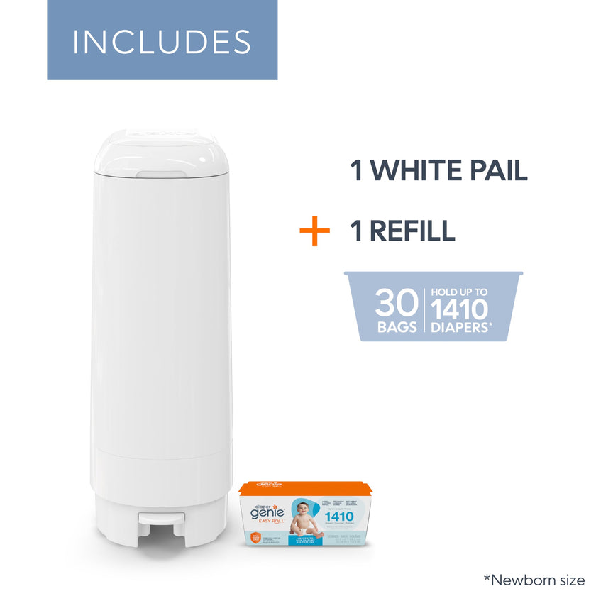 Diaper Genie Signature Pail Gift Set Includes 1 Easy Roll Refill with 30 Bags | Holds Up to 1,410 Newborn-Sized Diapers Per Refill White 🍁 All In One Marketplace Canada