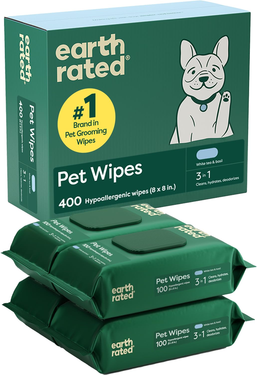 Earth Rated (A Canadian Company) Pet Wipes for Dogs and Cats, Hypoallergenic, 3-in-1 Cleaning, Deodorizing and Hydrating, for Grooming Paws, Body and Butt, New White Tea and Basil Scent, 400 Count 🍁 All In One Marketplace Canada