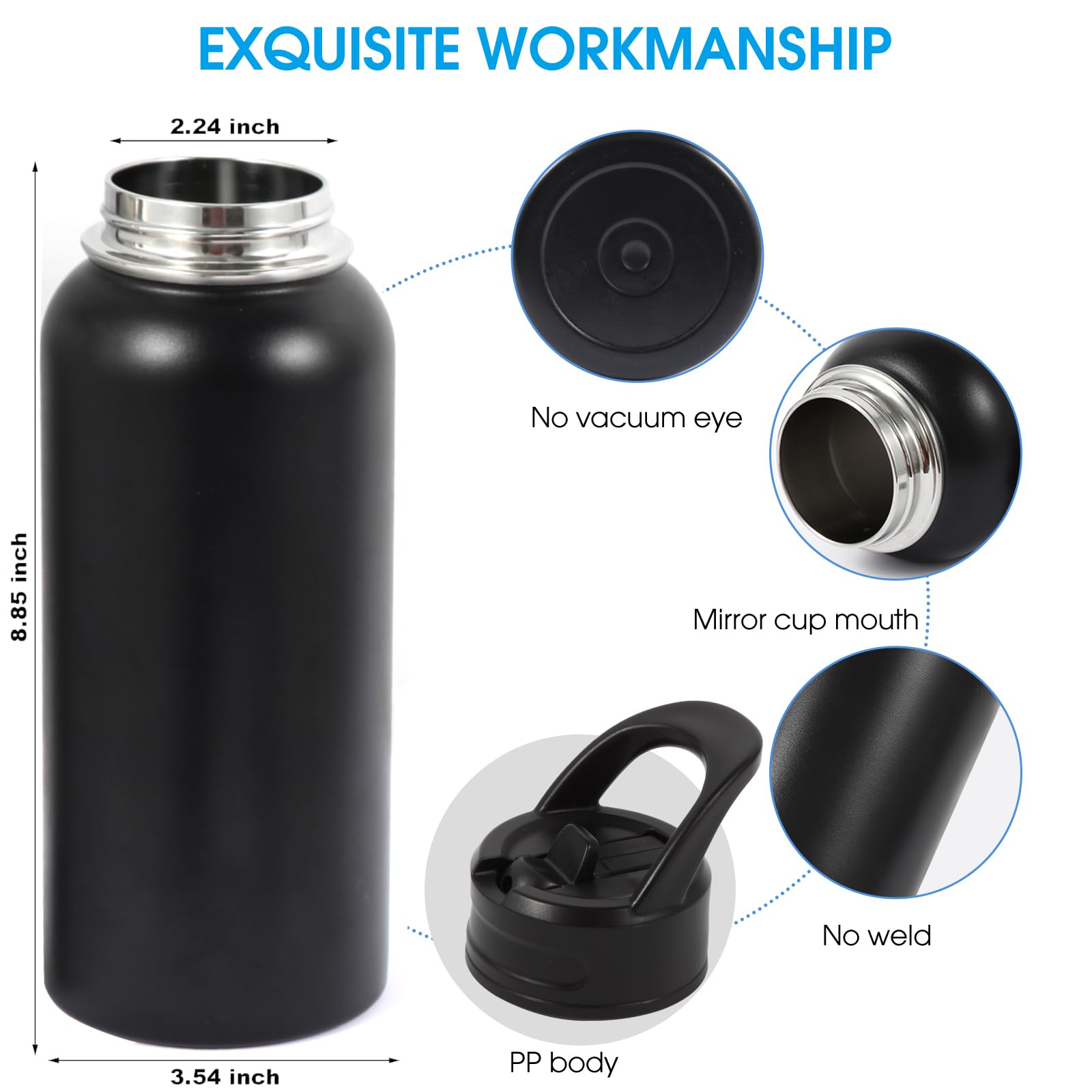 Insulated Water Bottle, 32oz Vacuum Stainless Steel Metal Sports Water Bottles with Stickers, Straw & Spout Lid (2 Lids), Double Walled to Keeps Hot and Cold, Leak Proof, BPA-Free, 32oz (Black) 🍁 All In One Marketplace Canada