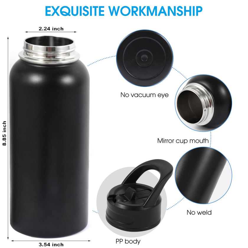 Insulated Water Bottle, 32oz Vacuum Stainless Steel Metal Sports Water Bottles with Stickers, Straw & Spout Lid (2 Lids), Double Walled to Keeps Hot and Cold, Leak Proof, BPA-Free, 32oz (Black) 🍁 All In One Marketplace Canada