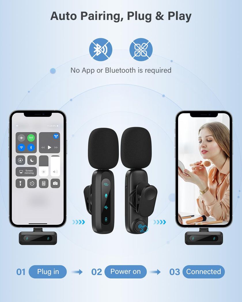 Wireless Lavalier Microphone for iPhone, iPad, Android Phone，2-Pack Mini Microphone with Noise Reduction, Auto Pairing and Mute & Reverb for Vlogging, Video Recording, TikTok, YouTube - Plug & Play 🍁 All In One Marketplace Canada