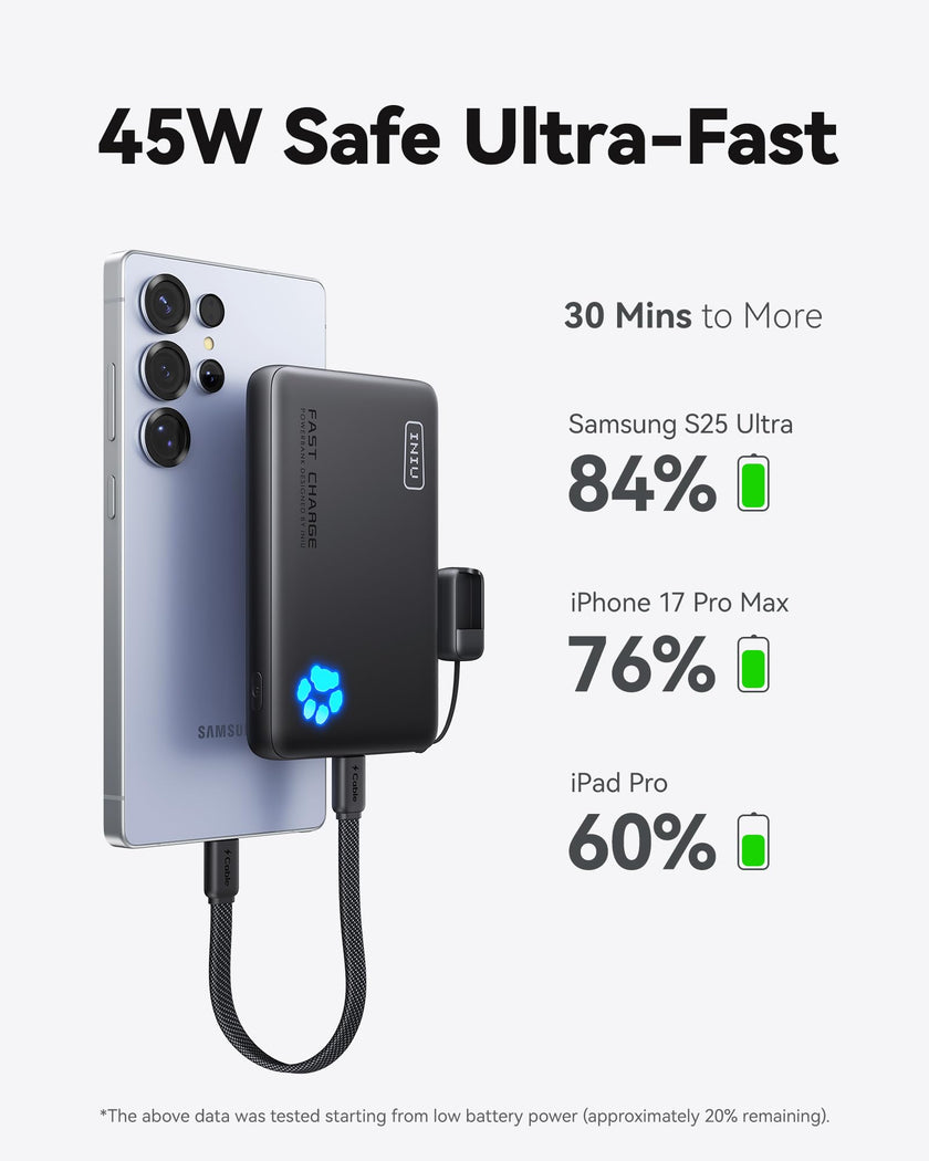 INIU Power Bank, 40% Smaller 10000mAh Portable Charger, 45W Ultra Fast Charging Powerbank with Detachable USB C Cable, Flight-Safe Travel External Battery Pack for iPhone 17 16 Samsung Google iPad etc 🍁 All In One Marketplace Canada