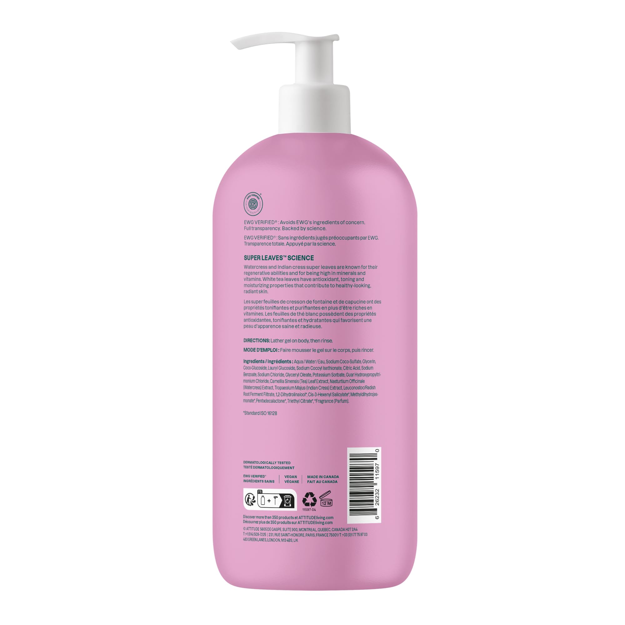 ATTITUDE Body Wash, Made in Canada, EWG Verified Shower Gel, Dermatologically Tested, Plant and Mineral-Based, Vegan Personal Care Products, White Tea Leaves, 946 mL 🍁 All In One Marketplace Canada