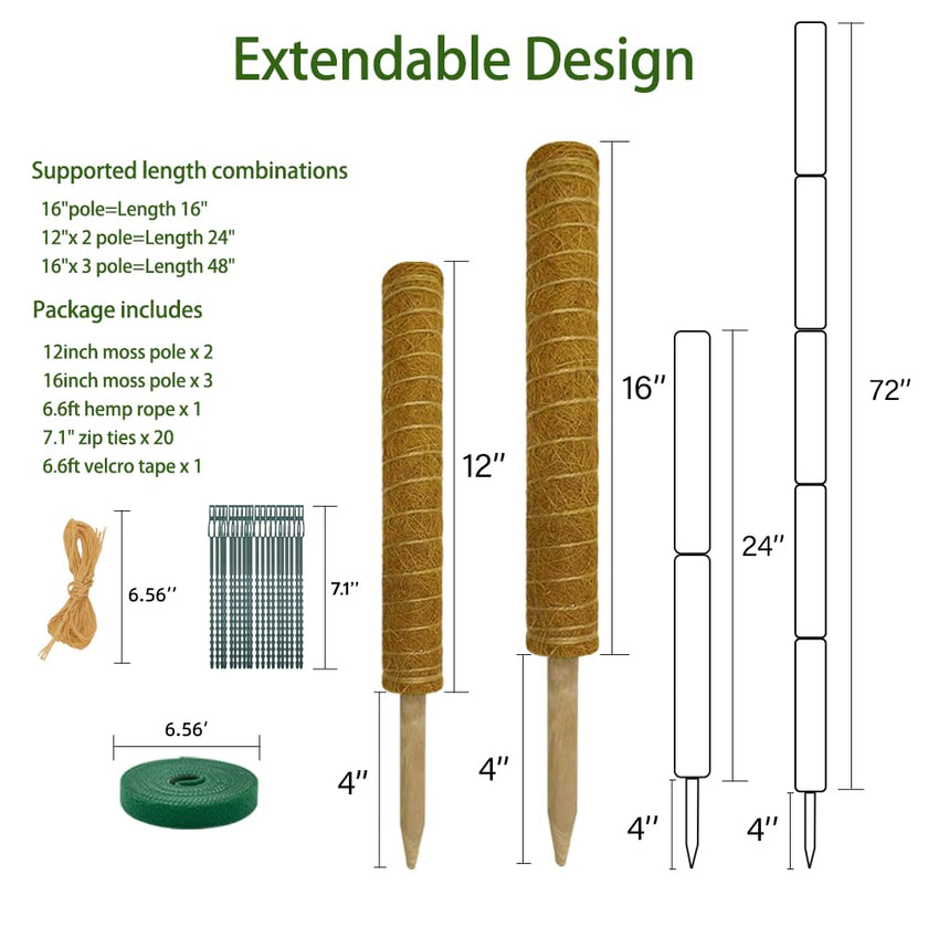 Moss Pole Plant Support Monstera - 5 Pack Coco Coir Moss Stick Plants Climber Support Indoor Monstera Stake for Climbing Plants Live House Potted, Vine, Pothos, Philodendron to Grow Upwards 🍁 All In One Marketplace Canada