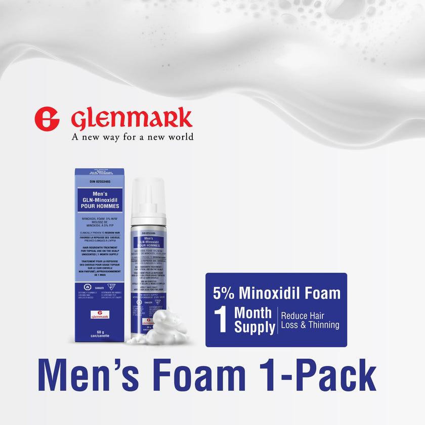 Glenmark | Minoxidil 5% Hair Regrowth Foam for Men, Aerosol Can, 1 Month Treatment (60 gr) – Mess-Free, Fast-Drying Formula for Thinning Hair & Hair Loss – Reactivates Follicles 🍁 All In One Marketplace Canada