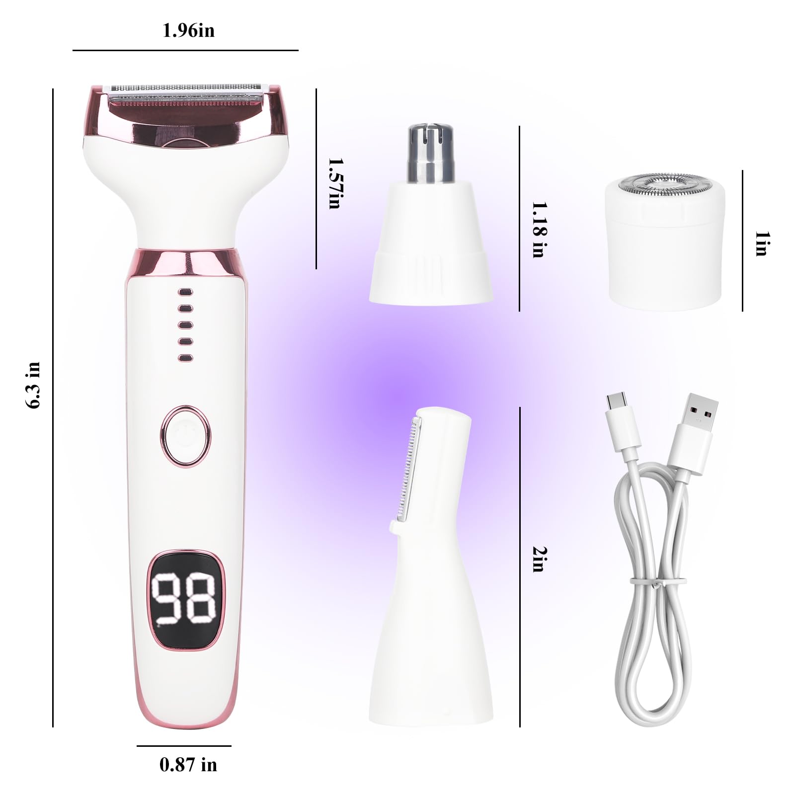 Beanify Electric Razor for Women Men,4 in 1 LED Display Ladies Wet & Dry Body Razors and Facial Hair Remover, Rechargeable Painless Hair Removal Kit for Nose Face Body Leg Bikini Arm Hair (Pink) 🍁 All In One Marketplace Canada