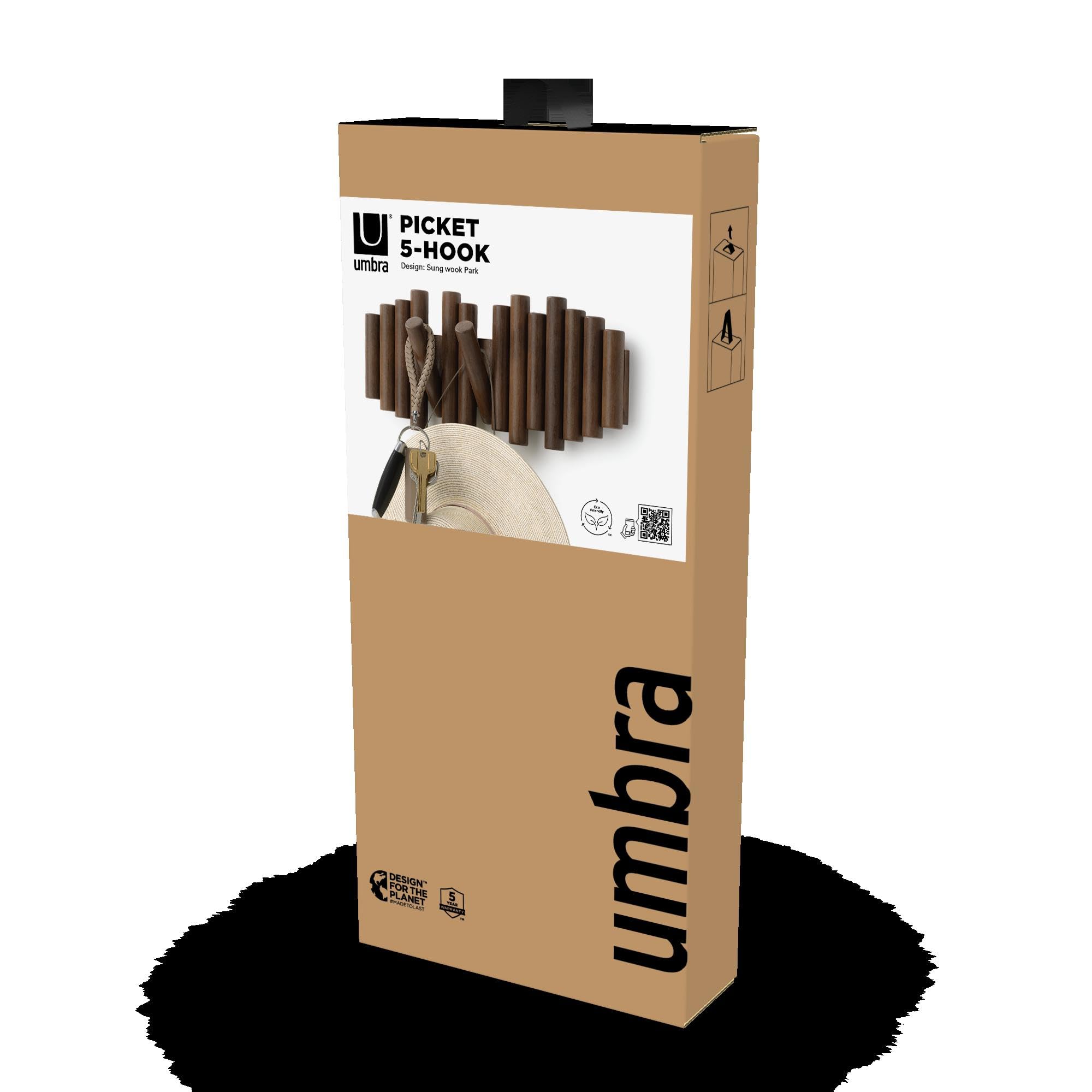 Umbra Picket Wall-Mounted Coat Rack Rail Hook with 5 Retractable Wood Pegs – Modern, Space-Saving Storage Organizer, Walnut 🍁 All In One Marketplace Canada