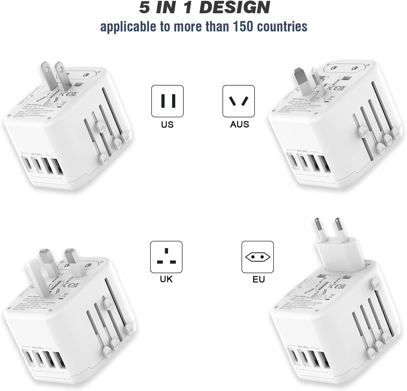 VYLEE Universal International Power Travel Plug Adapter, 5 in 1 European Travel Plug Adapter W/ 3.5A 2xUSB-A and 2xUSB C Wall Charger and Worldwide AC Outlet for Europe USA UK AUS Asia (White) 🍁 All In One Marketplace Canada
