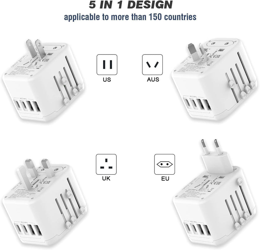 VYLEE Universal International Power Travel Plug Adapter, 5 in 1 European Travel Plug Adapter W/ 3.5A 2xUSB-A and 2xUSB C Wall Charger and Worldwide AC Outlet for Europe USA UK AUS Asia (White) 🍁 All In One Marketplace Canada