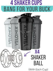 VELOMIX -4 PACK- 28 oz Protein Shaker Bottle for Protein Mixes - 4x Wire Whisk | Leak Proof Shaker Cups for Protein Shakes | Protein Shaker Bottle Pack | Protein Shake Cup(Silver Mix) 🍁 All In One Marketplace Canada