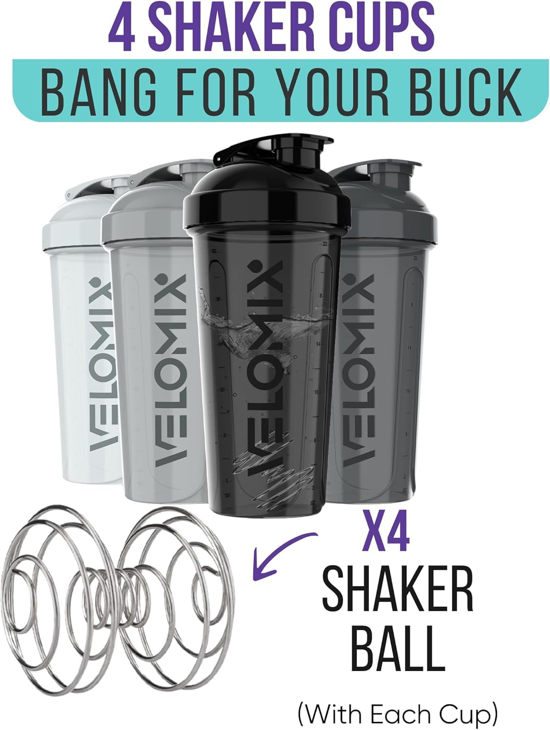 VELOMIX -4 PACK- 28 oz Protein Shaker Bottle for Protein Mixes - 4x Wire Whisk | Leak Proof Shaker Cups for Protein Shakes | Protein Shaker Bottle Pack | Protein Shake Cup(Silver Mix) 🍁 All In One Marketplace Canada