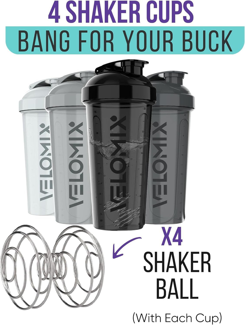 VELOMIX -4 PACK- 28 oz Protein Shaker Bottle for Protein Mixes - 4x Wire Whisk | Leak Proof Shaker Cups for Protein Shakes | Protein Shaker Bottle Pack | Protein Shake Cup(Silver Mix) 🍁 All In One Marketplace Canada