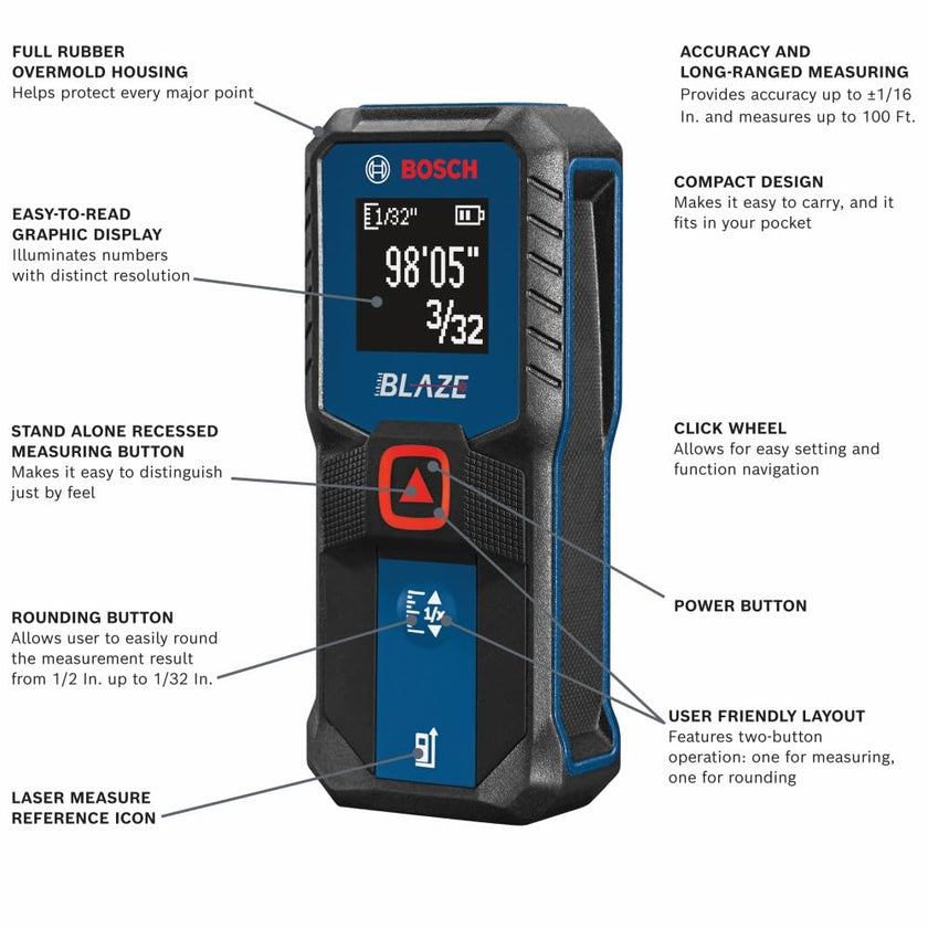 BOSCH GLM100-23 100 Ft Blaze Laser Distance Measure, Includes 2 AA Batteries, Distance Measuring Laser 🍁 All In One Marketplace Canada