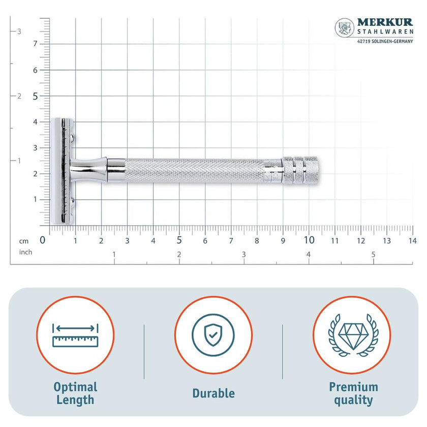 Merkur 23C 3-Piece DE Safety Razor, Closed Comb, Knurled Extra Long Handle, Chrome