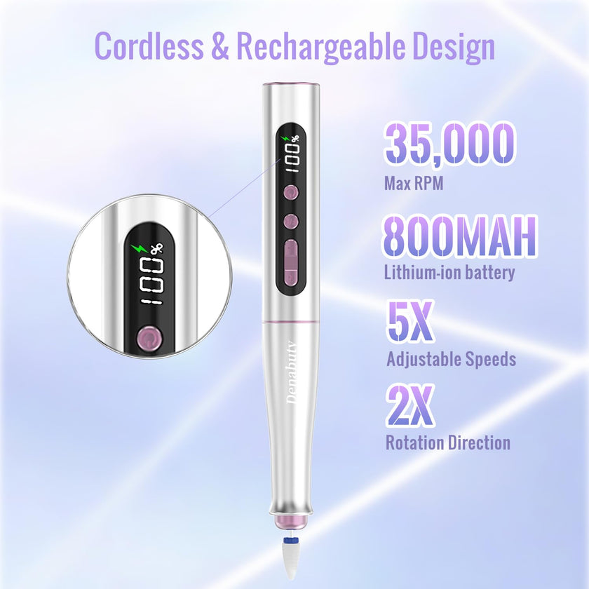 Denabuty Cordless Electric Nail Drill Machine, 13 in 1 Nail File Kit 35000RPM Professional Portable Rechargeable E File for Acrylic Polish Gel Removal Manicure Pedicure Set with 5 Speeds DN-2402 🍁 All In One Marketplace Canada