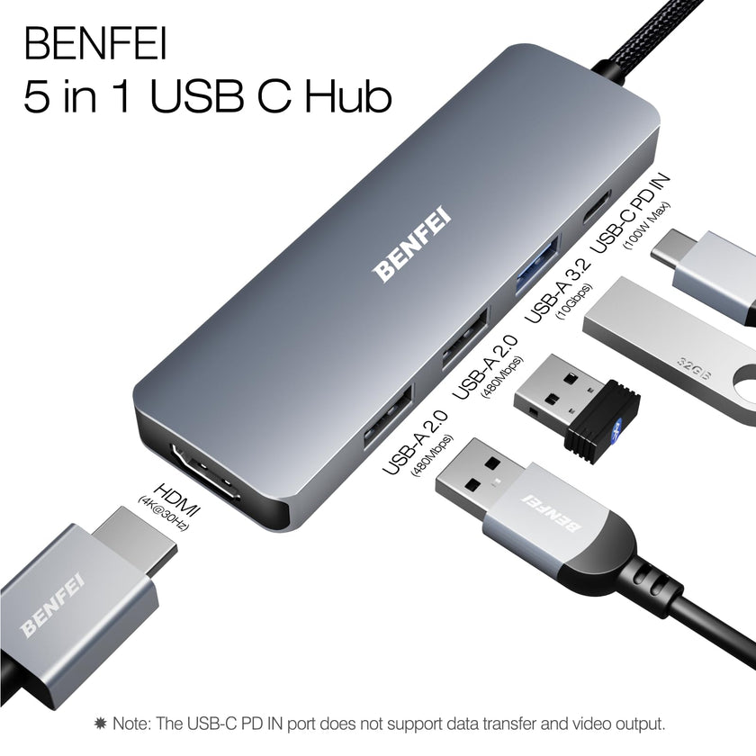 BENFEI 5in1 USB C Hub with 4K HDMI, 3 USB-A, 100W Power Delivery, Silicone and Woven Design Cable, Aluminum Case Compatible with MacBook Pro/Air, iPad Pro, iMac, iPhone 15 Pro/Pro Max, XPS, Thinkpad 🍁 All In One Marketplace Canada