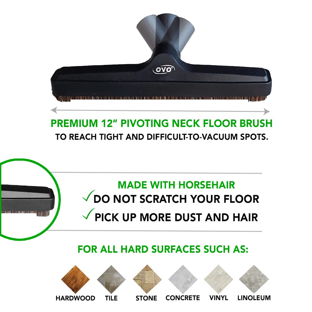 OVO Universal Vacuum Cleaner Floor Brush for Hard Surface with Natural Bristles, 12 inch, 1 1/4 inch (32mm) Inner Diameter, Fits All, Black (ACC-216-BK.) 🍁 All In One Marketplace Canada