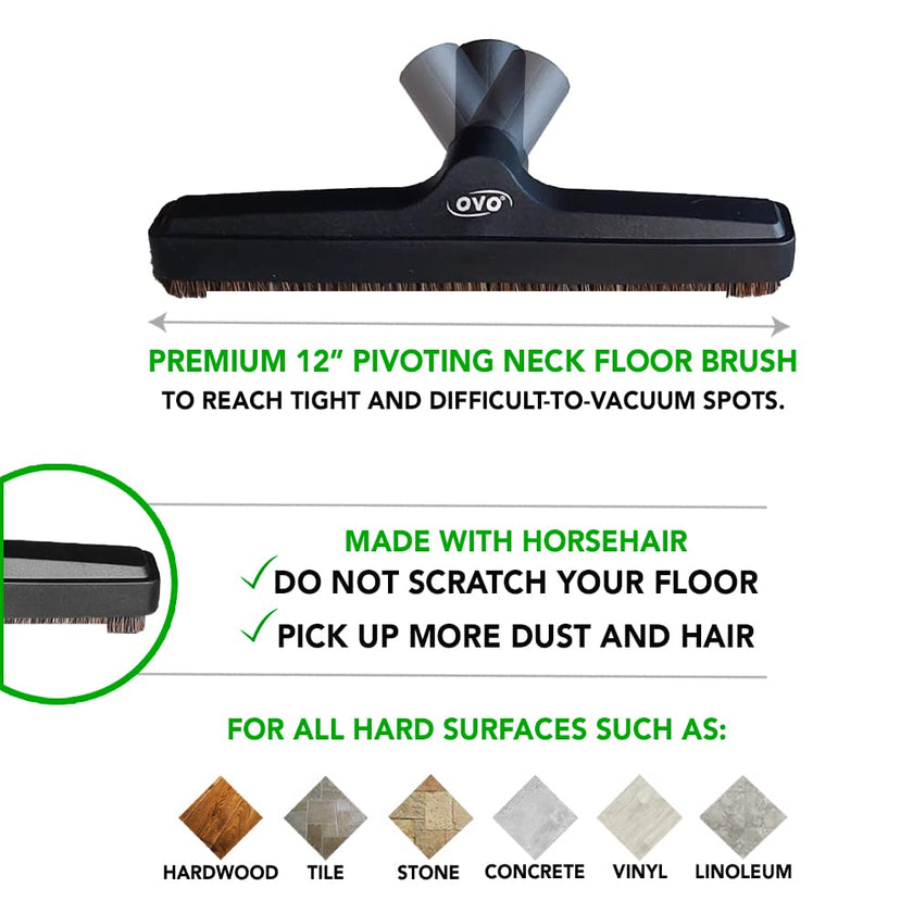 OVO Universal Vacuum Cleaner Floor Brush for Hard Surface with Natural Bristles, 12 inch, 1 1/4 inch (32mm) Inner Diameter, Fits All, Black (ACC-216-BK.) 🍁 All In One Marketplace Canada
