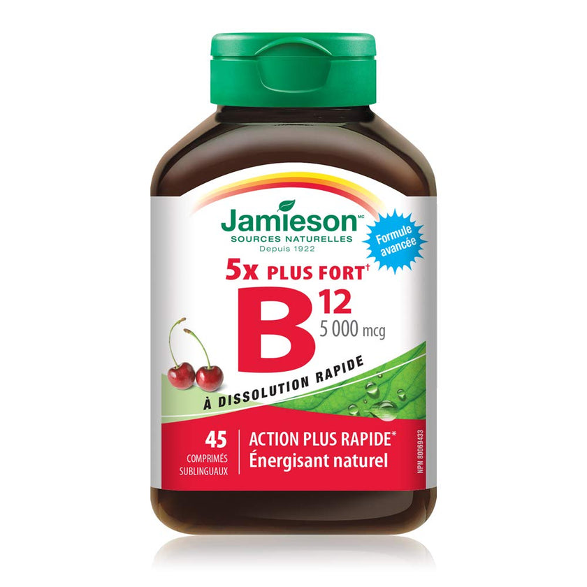 Jamieson Vitamin B12 5,000 mcg Fast Dissolve Sublingual Tablets Natural Cherry Flavour, Methylcobalamin, Supports Energy Production and Metabolism. Vegetarian. Gluten-Free, No Artificial Colours, Flavours, or Preservatives, 45 Count, Proudly Canadian