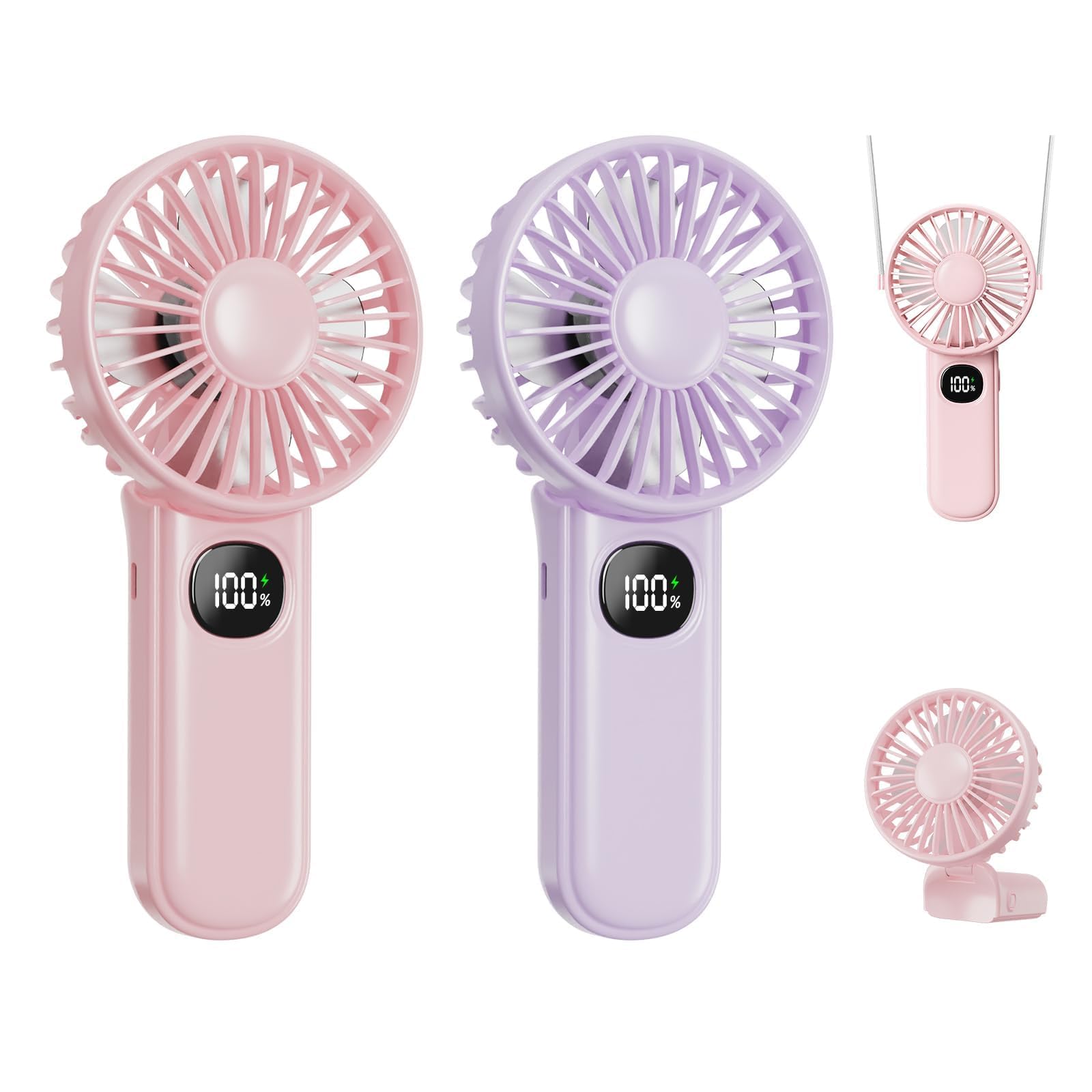 Xigmer Portable Fan, Handheld Fans 2-Pack, Mini Fan 5 Adjustable Speeds with Lanyard, Rechargeable Fans 180° Foldable for Makeup,Travel -Pink & Purple 🍁 All In One Marketplace Canada