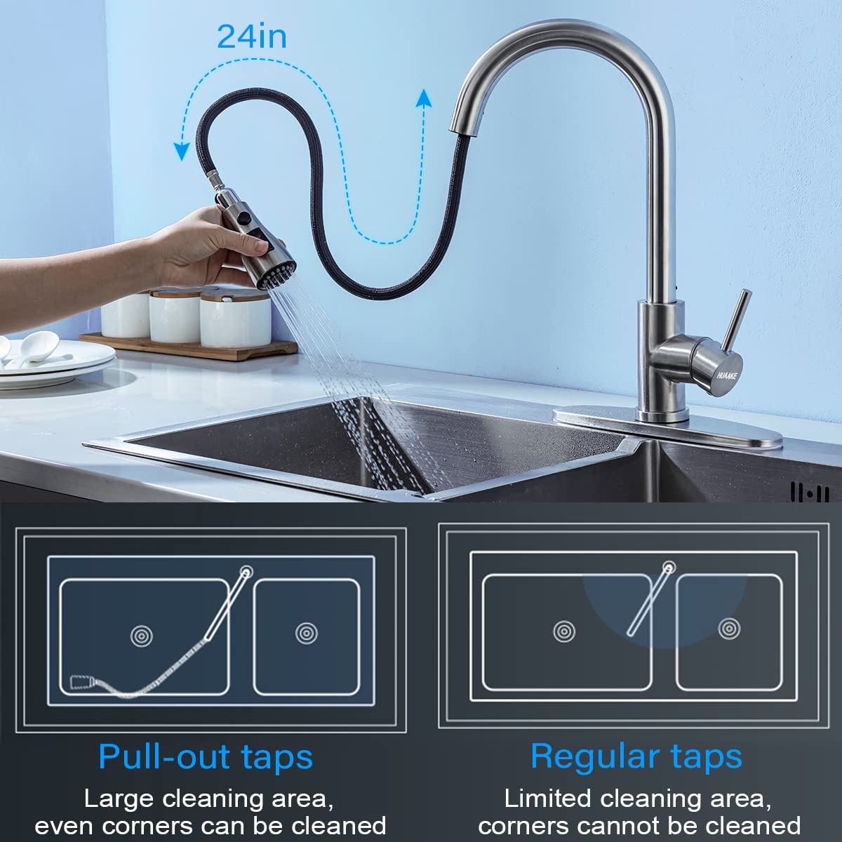 HUAAKE Kitchen Faucet with Pull Down Sprayer, Multi-Function Stainless Steel Single Handle High Arc Kitchen Sink Faucet, 360° Swivel Modern Commercial Kitchen tap with Deck Plate 🍁 All In One Marketplace Canada
