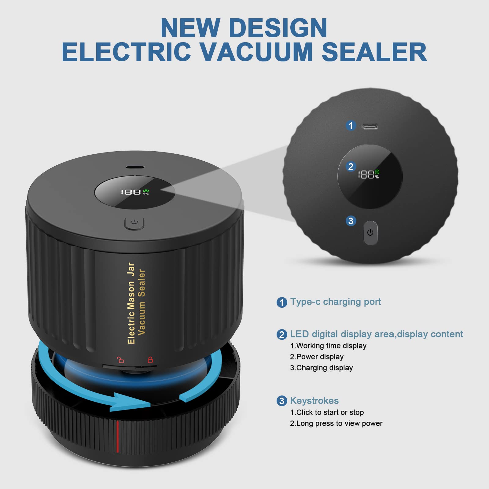 Electric Mason Jar Vacuum Sealer Kit, Portable Vacuum Sealer for Regular and Wide Mason Jars, Food Storage and Fermentation, Deep Black 🍁 All In One Marketplace Canada
