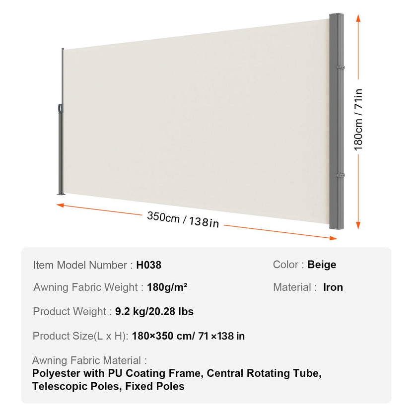 VEVOR Retractable Side Awning, 71''x 138'' Outdoor Privacy Screen, 180g Polyester Water-Proof Retractable Patio Screen, UV 30+ Room Divider Wind Screen for Patio, Backyard, Balcony, Beige 🍁 All In One Marketplace Canada
