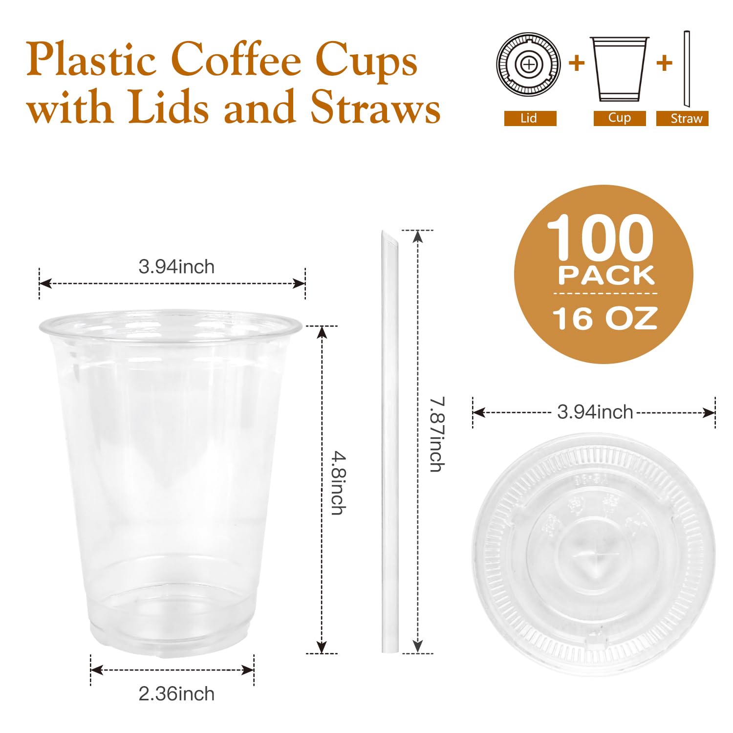 Joyeux 100 Pack 16 oz Clear Plastic Cups with Lids and Straws - Disposable Iced Coffee Cups for Matcha, Milkshakes, Smoothies and to go Drinks 🍁 All In One Marketplace Canada