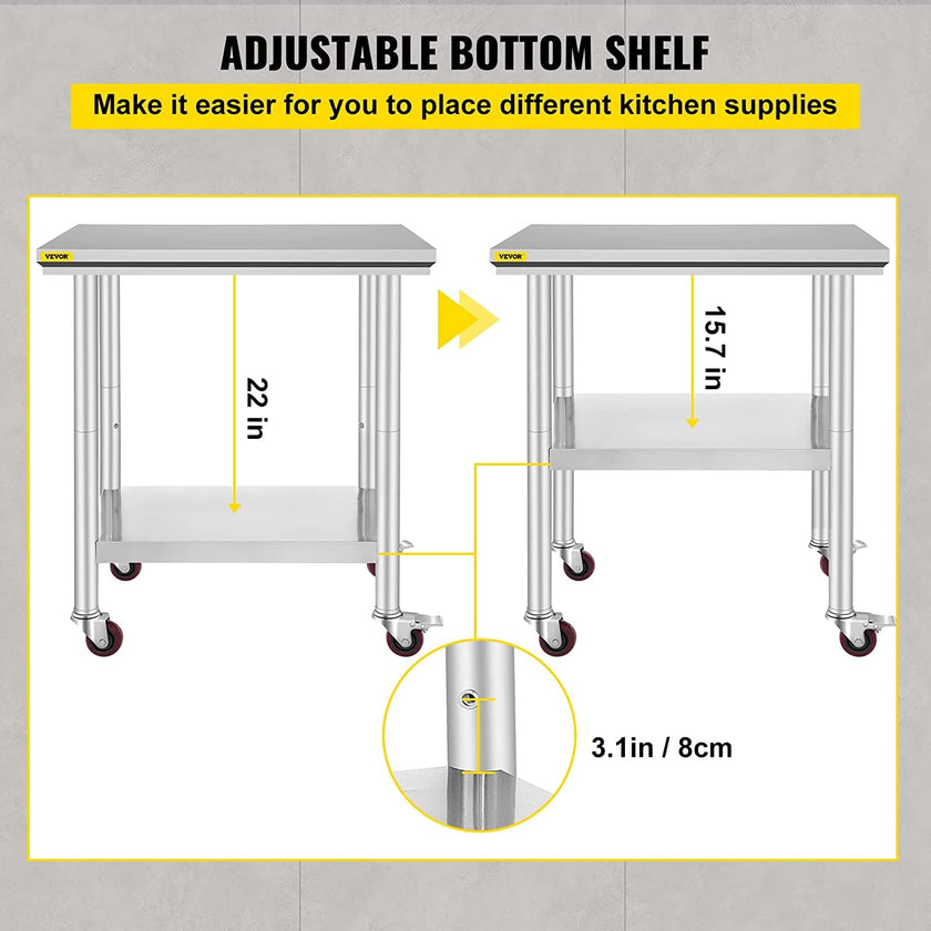 VEVOR Stainless Steel Work Table with Wheels 24 x 30 Prep Table with casters Heavy Duty Work Table for Commercial Kitchen Restaurant Business 🍁 All In One Marketplace Canada