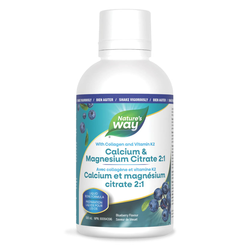 Nature's Way Calcium and Magnesium Citrate 2:1 - Liquid Supplement with Vitamin K2 and Collagen – Helps Support the Maintenance of Bones and Teeth – Blueberry Flavour, 500 mL 🍁 All In One Marketplace Canada