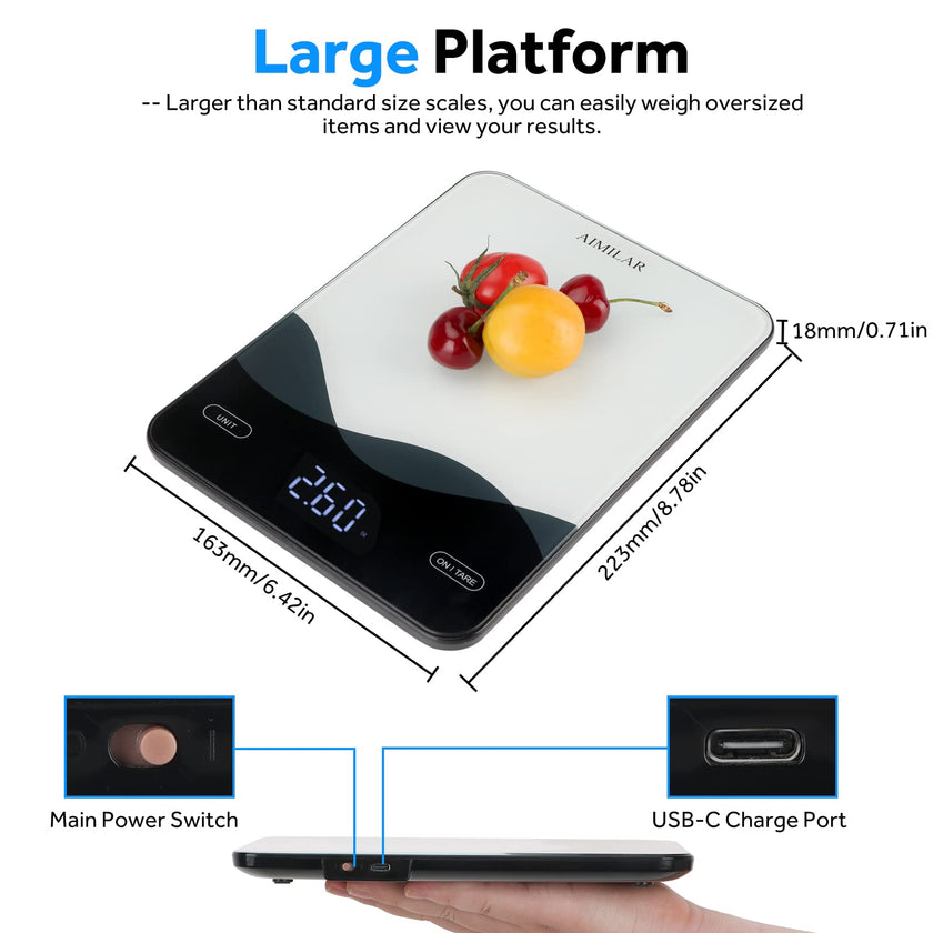 AIMILAR Digital Kitchen Scale 22lb/10kg USB-C Rechargeable, Tempered Glass Top Easy Clean, LED Touch Screen No Buttons, Auto Shut Off 🍁 All In One Marketplace Canada