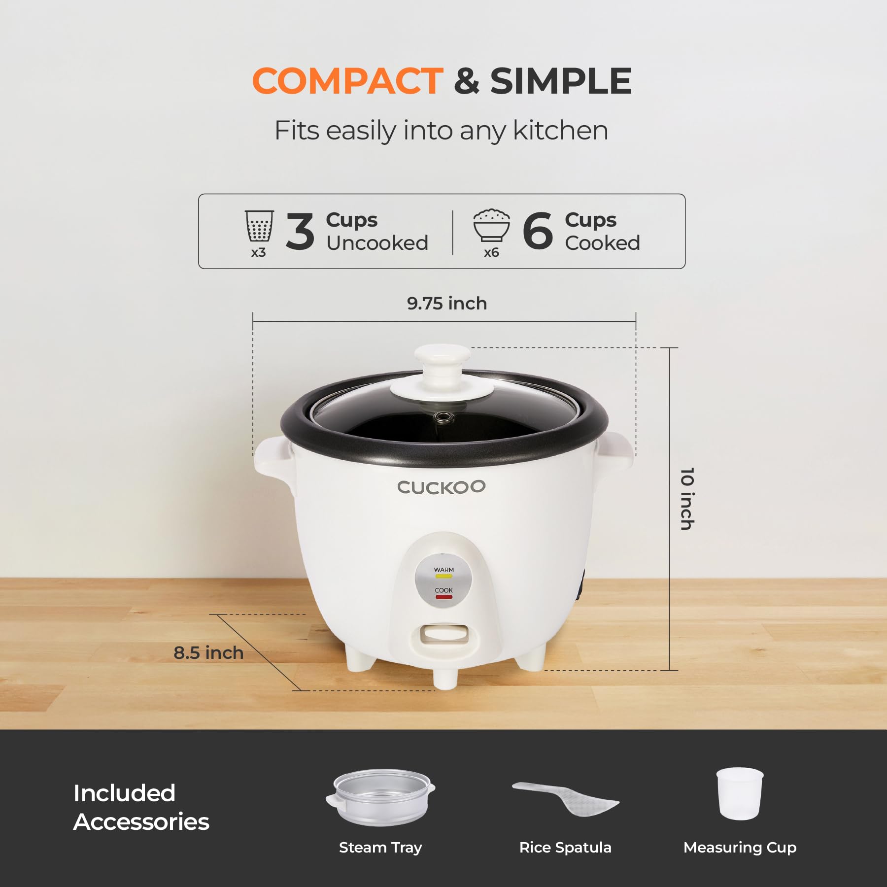 CUCKOO One Touch Rice Cooker 3-Cup (Uncooked) / 6-Cup (Cooked), Mini Rice Cooker & Warmer with Steamer Tray, Versatile Grain Cooker, Soup Maker, Auto Keep Warm, White (CR-0301C) 🍁 All In One Marketplace Canada