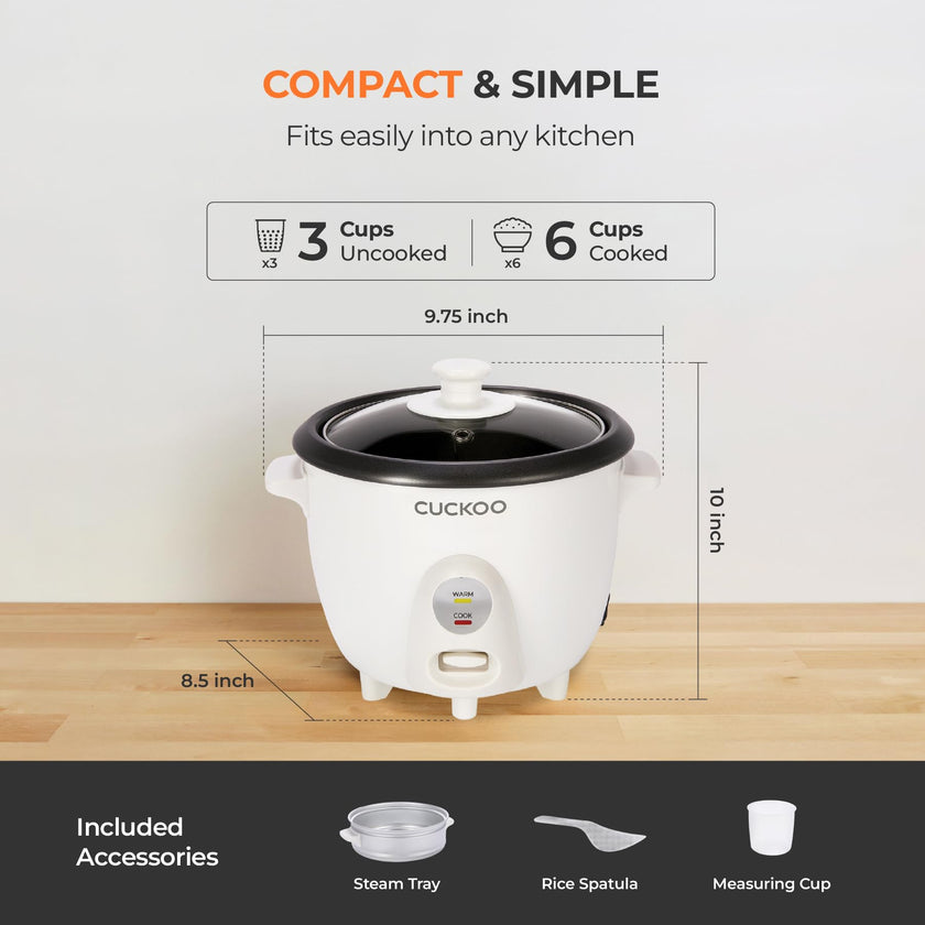 CUCKOO One Touch Rice Cooker 3-Cup (Uncooked) / 6-Cup (Cooked), Mini Rice Cooker & Warmer with Steamer Tray, Versatile Grain Cooker, Soup Maker, Auto Keep Warm, White (CR-0301C) 🍁 All In One Marketplace Canada