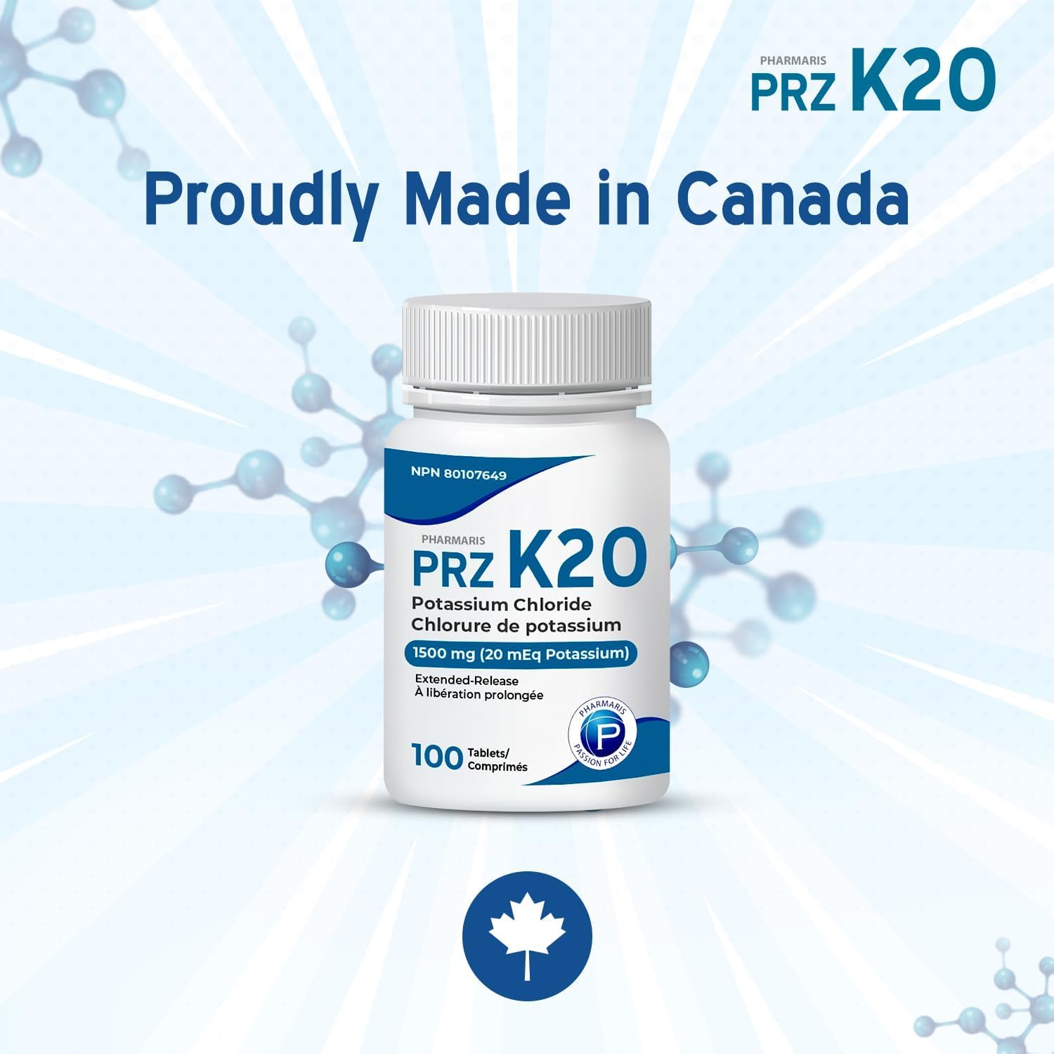 Pharmaris K-20 Potassium Chloride 1500mg Extended Release Tablets, Provides 20 mEq Potassium, Electrolyte Replenisher for Hypokalemia Treatment, Daily Use Supplement, 100 Tablets 🍁 All In One Marketplace Canada