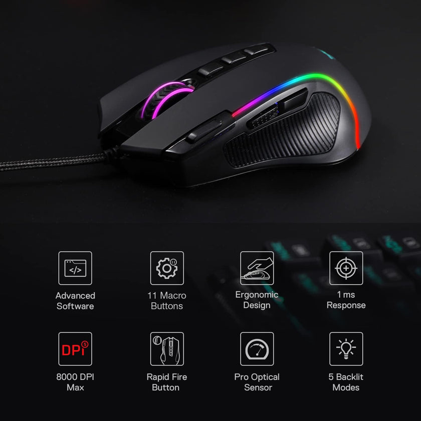 Redragon M612 Predator RGB Gaming Mouse, 8000 DPI Wired Optical Mouse with 11 Programmable Buttons & 5 Backlit Modes, Software Supports DIY Keybinds Rapid Fire Button 🍁 All In One Marketplace Canada