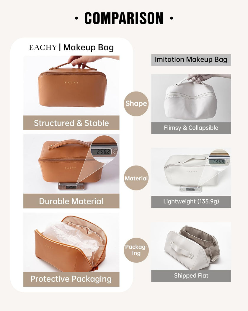 EACHY Travel Makeup Bag,Large Capacity Cosmetic Bags for Women,Waterproof Portable Pouch Open Flat Toiletry Bag Make up Organizer with Divider and Handle, Gifts for Women (Brown, Medium) 🍁 All In One Marketplace Canada