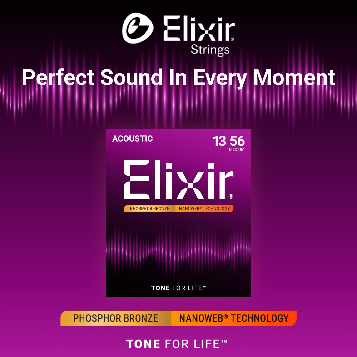 Elixir 16102 Phosphor Bronze Nanoweb Coating Acoustic Guitar Strings - Medium 13-56 🍁 All In One Marketplace Canada