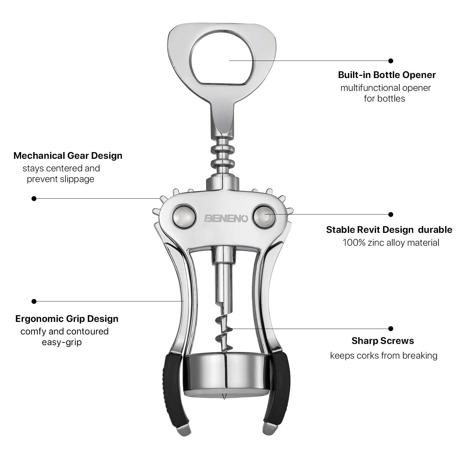 Wine Opener, BENENO Zinc Alloy Premium Wine Bottle Opener Wing Corkscrew with Multifunctional Corks and Caps Bottle Opener, Upgrade 🍁 All In One Marketplace Canada