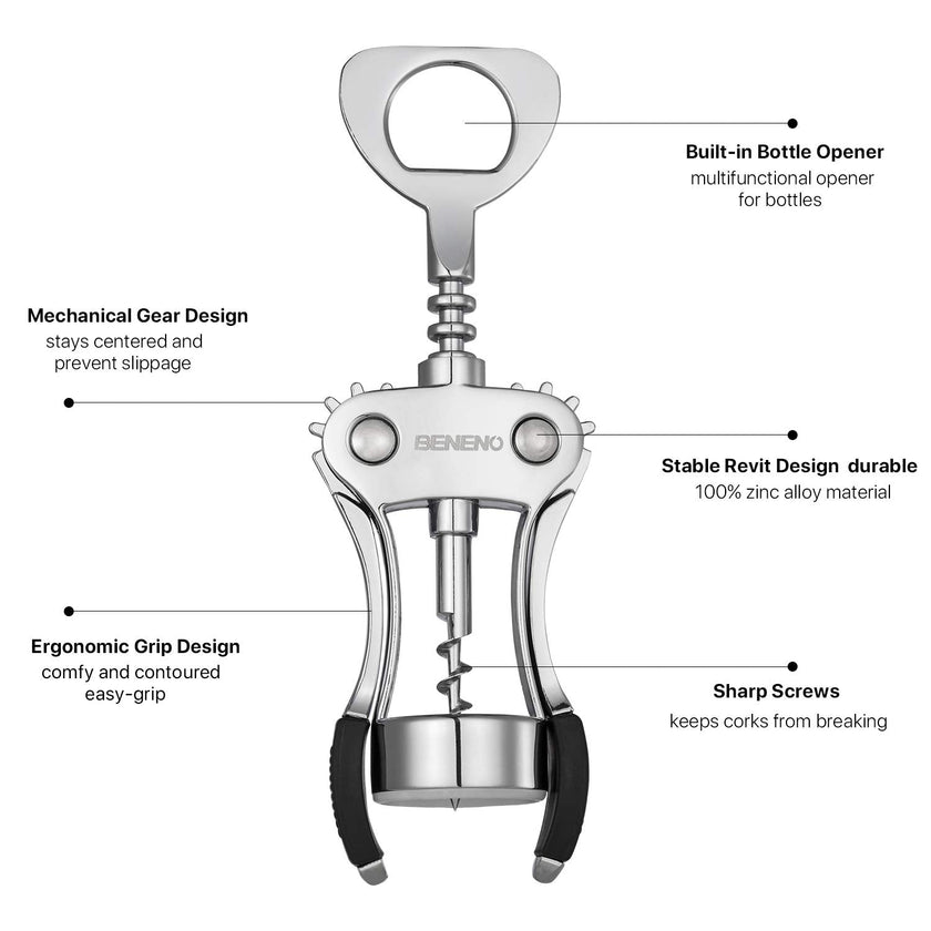 Wine Opener, BENENO Zinc Alloy Premium Wine Bottle Opener Wing Corkscrew with Multifunctional Corks and Caps Bottle Opener, Upgrade 🍁 All In One Marketplace Canada