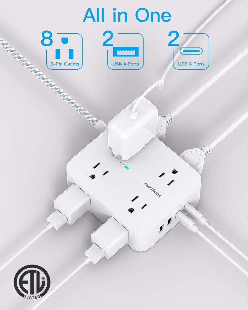 Surge Protector Power Bar - 8 Outlets 4 USB Charging Ports(2 USB C), Power Strip with 5Ft Braided Extension Cord, Flat Plug, Wall Mount Desk USB C Charging Station for Home Office College Essentials 🍁 All In One Marketplace Canada