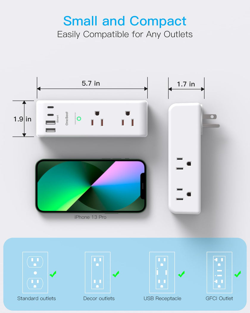 Surge Protector Outlet Extender - with Rotating Plug, 6 AC Multi Plug Outlet with 4 USB Ports (2 USB C), 1800 Joules, 3-Sided Swivel Power Bar with Spaced Splitter for Home, Office, Travel 🍁 All In One Marketplace Canada