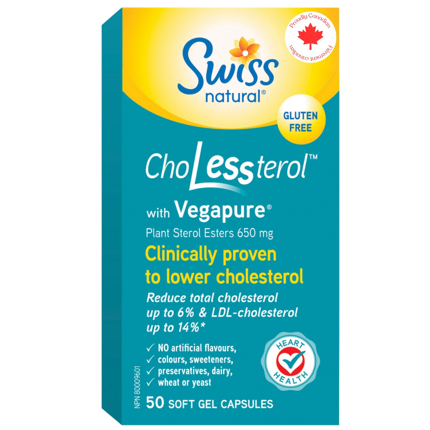 Swiss Natural ChoLessterol with Vegapure | Clinically Proven to Lower LDL Cholesterol & Improves Heart Health | Plant Sterol Esters | 50 Soft Gel Capsules | 650 mg 🍁 All In One Marketplace Canada