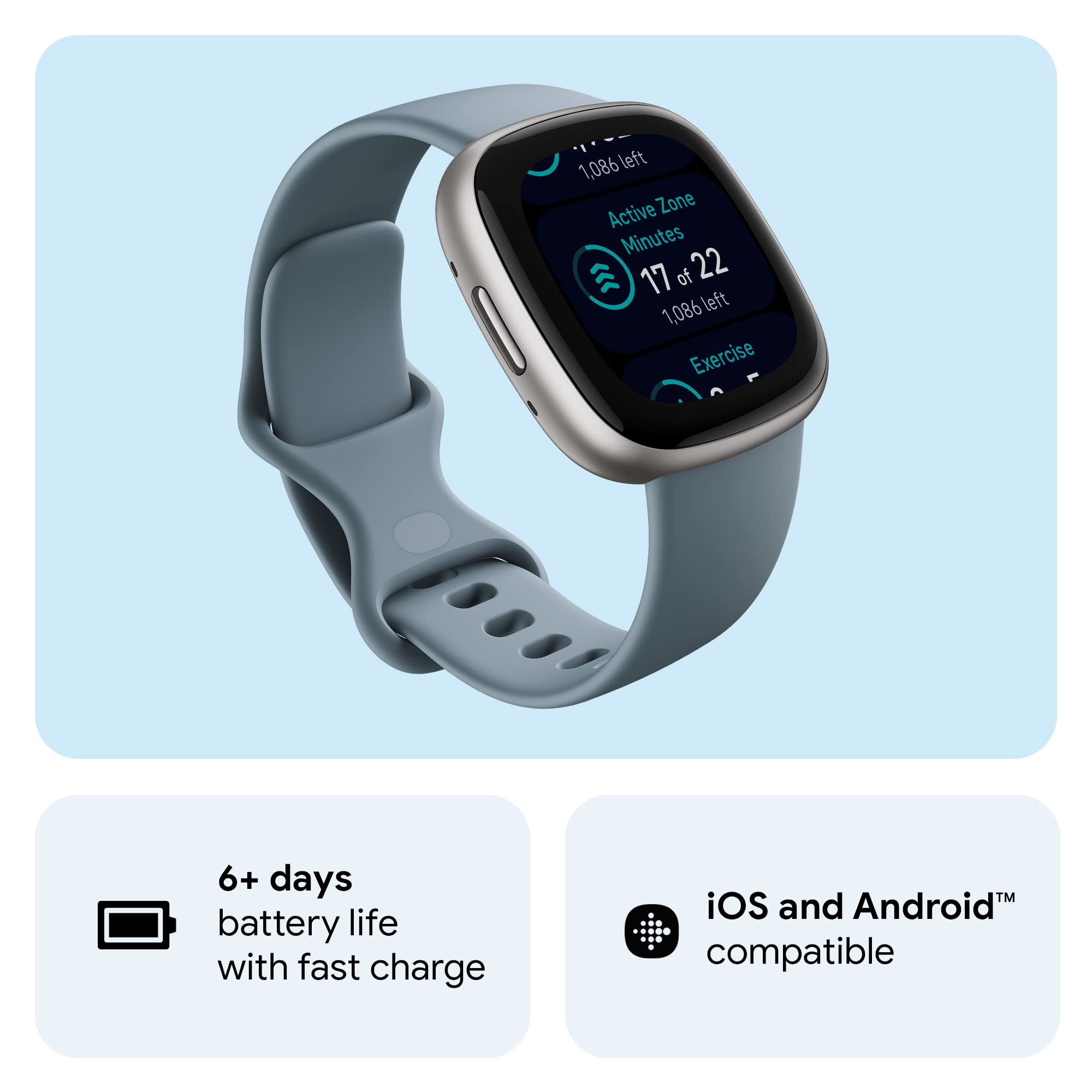 Google Fitbit Versa 4 Fitness Smartwatch with Daily Readiness, Gps, 24/7 Heart Rate, 40+ Exercise Modes, Sleep Tracking and More, Waterfall Blue/platinum, One Size (S and L Bands Included) 🍁 All In One Marketplace Canada