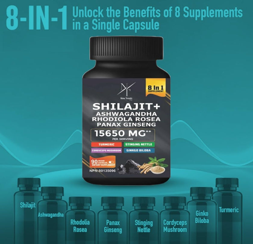 8-in-1 Shilajit Himalayan Organic Supplement with Shilajit 9000, Ashwagandha 2000MG, Rhodiola Rosea 1000MG, Panax Ginseng 1500MG, Cordyceps Mushroom 500MG, Gingko Biloba 500MG, Stinging Nettle 250MG, Turmeric (15,250 MG - 90 Caps)