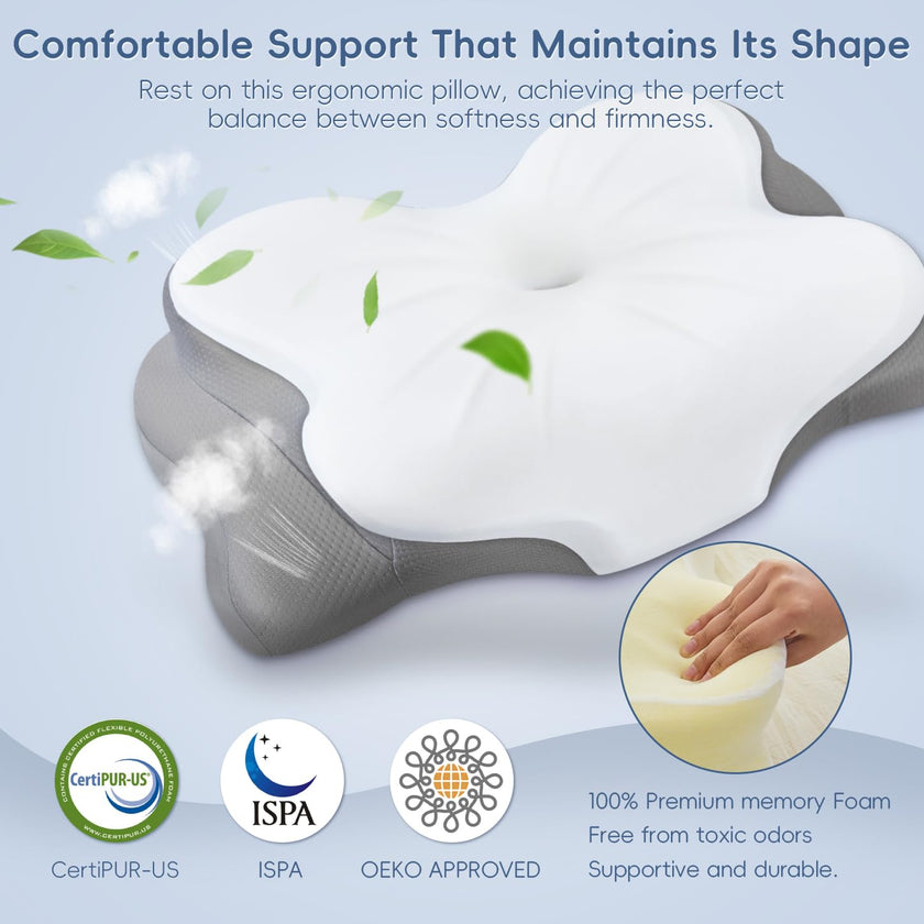 SNUGUP Ergonomic Cervical Neck Pillow, Memory Foam Neck Support Pillow with Contoured Design, Breathable Removable Pillowcase, for Side Back Stomach Sleepers, White 🍁 All In One Marketplace Canada